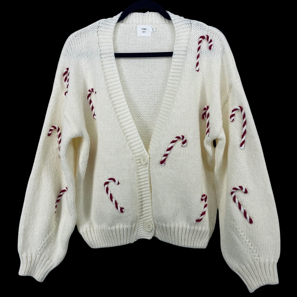 Luna Ivy Size Small Cardigan White Candy Cane Oversized Christmas Knit Womens